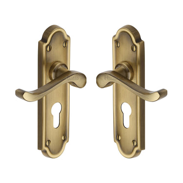 M Marcus - Heritage Brass - Meridian Door Handles - Euro Lock - Pair; #finish_antique-brass