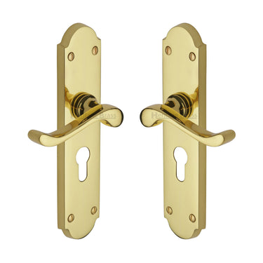 M Marcus - Heritage Brass - Savoy Door Handles - Long Plate - Euro Lock - Pair; #finish_polished-brass