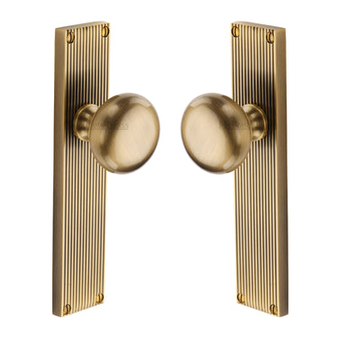 M Marcus - Heritage Brass - Victoria Reeded Mortice Knobs on Plate - Latch - Pair; #finish_antique-brass