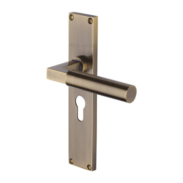 M Marcus - Heritage Brass - Bauhaus Door Handles - Long Plate - Euro Lock - Pair; #finish_antique-brass