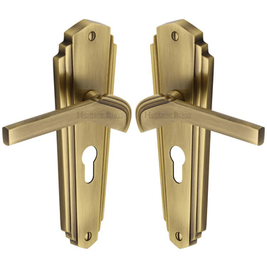 M Marcus - Heritage Brass - Waldorf Door Handles - Euro Lock - Pair; #finish_antique-brass
