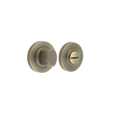 Frelan Hardware - Burlington Turns & Release - Modern Thumbturn - Knurled Rose; #finish_antique-brass
