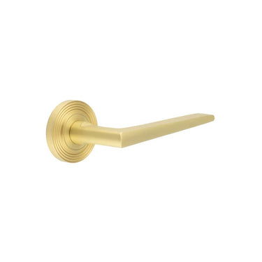 Frelan Hardware - Burlington Mayfair Door Handles on Rose - Pair - Reeded Rose; #finish_satin-brass
