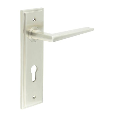 Frelan Hardware - Burlington Mayfair Door Handles - DIN Standard - Pair - Euro Lock; #finish_satin-nickel