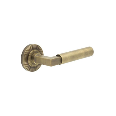 Frelan Hardware - Burlington Westminster Door Handles on Rose - Pair - Reeded Rose; #finish_antique-brass