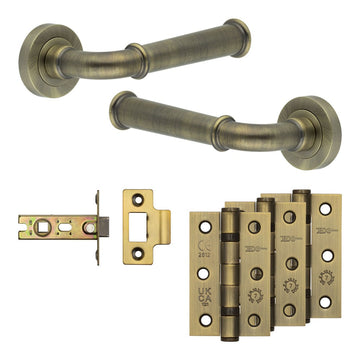 Frelan Hardware - Jedo Classic Door Pack - 44mm Backset - Latch - 3" Hinge; #finish_antique-brass