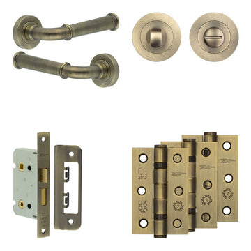 Frelan Hardware - Jedo Classic Door Pack - 44mm Backset - Traditional Turn - 3" Hinge; #finish_antique-brass