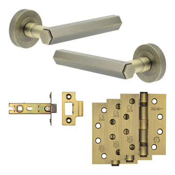 Frelan Hardware - Jedo Hex Door Pack - 57mm Backset - Latch - 4" Hinge; #finish_antique-brass