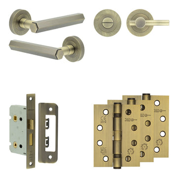 Frelan Hardware - Jedo Hex Door Pack - 44mm Backset - Plain Turn - 4" Hinge; #finish_antique-brass