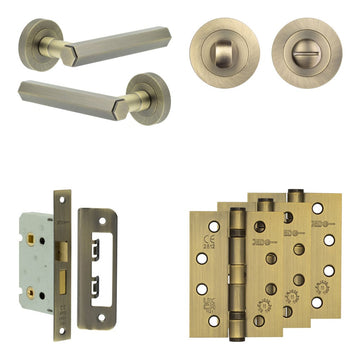 Frelan Hardware - Jedo Hex Door Pack - 44mm Backset - Traditional Turn - 4" Hinge; #finish_antique-brass