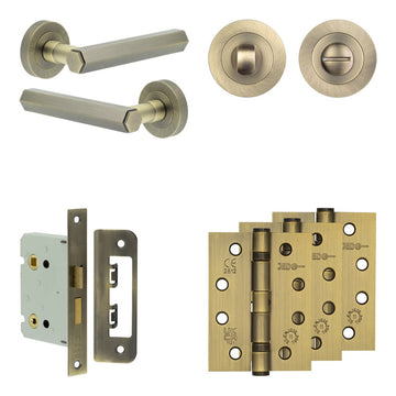 Frelan Hardware - Jedo Hex Door Pack - 57mm Backset - Traditional Turn - 4" Hinge; #finish_antique-brass