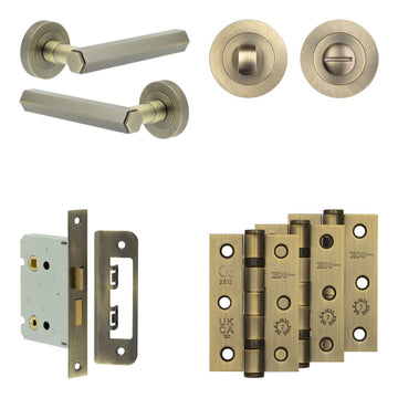 Frelan Hardware - Jedo Hex Door Pack - 57mm Backset - Traditional Turn - 3" Hinge; #finish_antique-brass