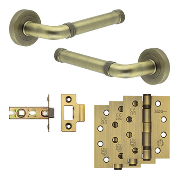 Frelan Hardware - Jedo Midtown Door Pack - 44mm Backset - Latch - 4" Hinge; #finish_antique-brass