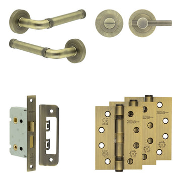 Frelan Hardware - Jedo Midtown Door Pack - 44mm Backset - Knurled Turn - 4" Hinge; #finish_antique-brass