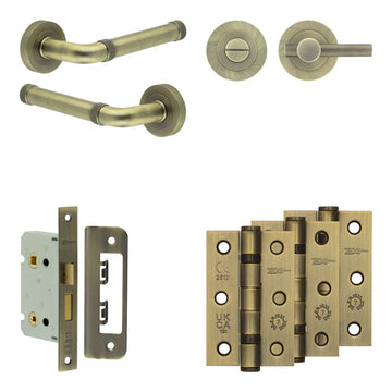 Frelan Hardware - Jedo Midtown Door Pack - 44mm Backset - Knurled Turn - 3" Hinge; #finish_antique-brass