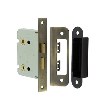 Frelan Hardware - Jedo Squared Bathroom Locks with Radiused Strike - 76mm; #finish_antique-brass