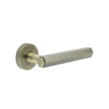 Frelan Hardware - Jedo Hex Door Handles on Rose - Pair; #finish_antique-brass