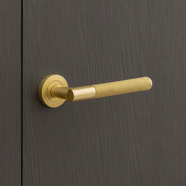 Frelan Hardware - Jedo Bari Knurled Door Handles on Rose - Pair; #finish_satin-brass